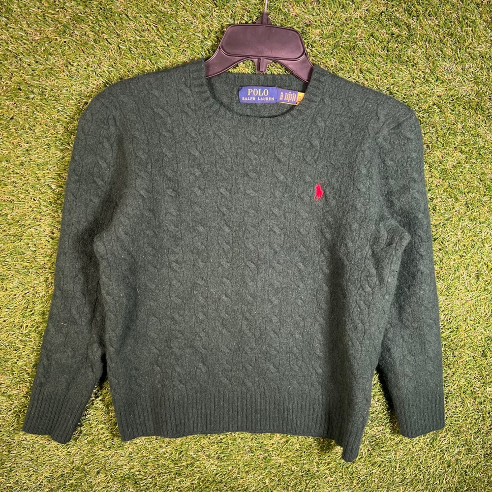Polo Ralph Lauren Hunter Green Cable Knit Crew Neck Sweater Red Pony XL